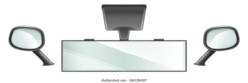 Rear View Mirrors In Black Frame For Vehicle Interior. Vector Realistic Set Of Center And Side Rearview Car Mirrors Isolated On White Background. Automobile Or Truck Equipment For Safety Driving