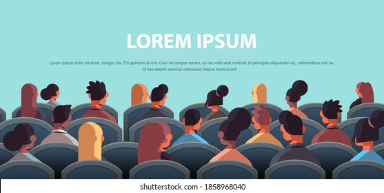 rear view mix race businesspeople sitting on corporate conference public seminar copy space horizontal portrait vector illustration