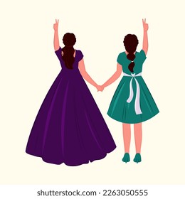Rear View of Modern Young Women Standing Together And Showing Peace Sign On Beige Background.