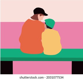 Rear view of mother and son sitting together in park. Flat style isolated cartoon people back view. Summer holidays illustration. Vacation time