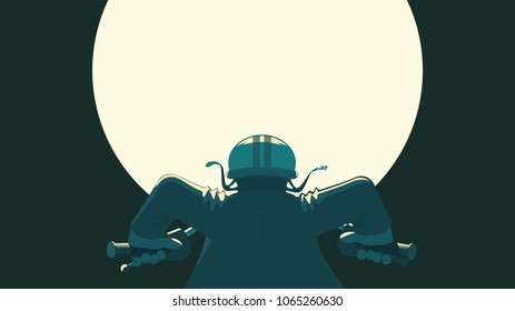 Rear view of motorcyclist wearing vintage helmet against big moon background.