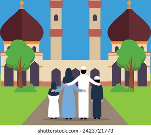 Rückansicht einer Mulim-Familie gegenüber der Moschee, flache 2D Vektorgrafik