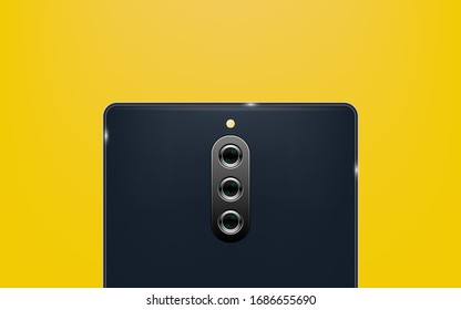 Rear view of a new modern triple camera phone. Three multifunction cameras on dark blue back of phone. Abstract circles on a square rounded tablet. Vector illustration