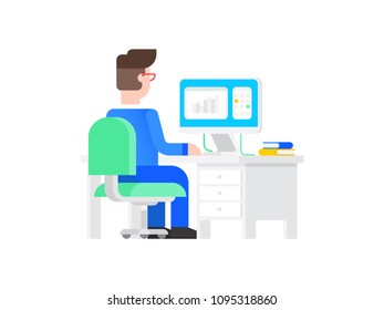 Rear view of office worker or businessman working at computer sitting at table on white background. Vector illustrator
