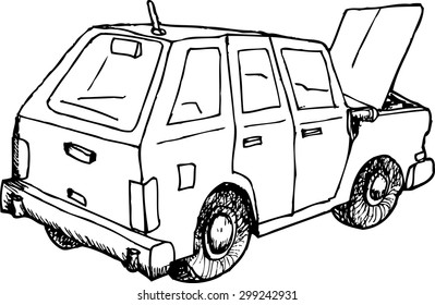 Rear view of outlined car with open hood