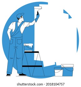 Rear view of painter on the ladder painting the wall, with paint roller and bucket. Flat design vector concept.