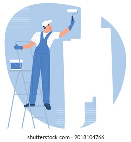 Rear view of painter on the ladder painting the wall, with paint roller and bucket. Flat design vector concept.