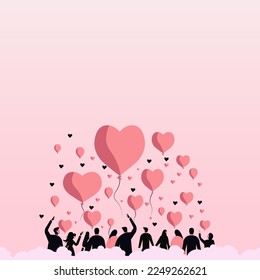 Rear View of People or Couples Enjoying With Balloons, Heart Shapes On Pastel Pink Background And Copy Space. Happy Valentines Day Concept.