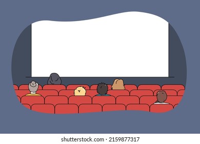 Rear view of people sitting in movie theater watching premier show. Viewers or clients enjoy evening in cinema look at projection screen. Mockup, motion picture. Vector illustration. 