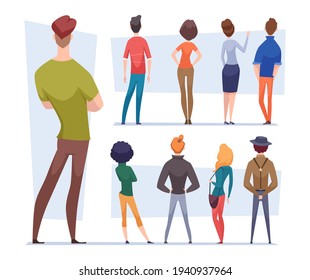 Rear View People. Standing Persons In Casual Style Clothes And Business Uniform Legs Arms Torso Back View Exact Vector Flat Illustrations Isolated On White