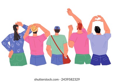 Rear view of people standing and watching, looking forward with great interest, cartoon vector illustration isolated on white background. A crowd of people waiting or greeting something.