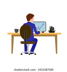 Rear view of the person at the table. Vector image of a person in the office for animation. Editable strokes. All the details are on separate layers. The person looks at the chart going up. 
