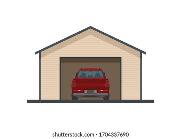 Rear view of a pick up car inside the opened wooden garage. Simple flat illustration.