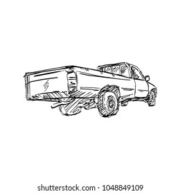 rear view of pick-up truck vector illustration sketch hand drawn with black lines isolated on white background
