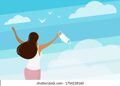 Rear view of pretty girl taking off medical mask coronavirus quarantine is ending victory over covid-19 concept liberty summer vacation- seascape background horizontal portrait  illustration