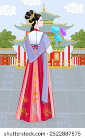 Vista trasera en perfil de la hermosa chica china en vestido tradicional con flores contra el paisaje urbano asiático antiguo nublado con árboles. Vista lateral posterior