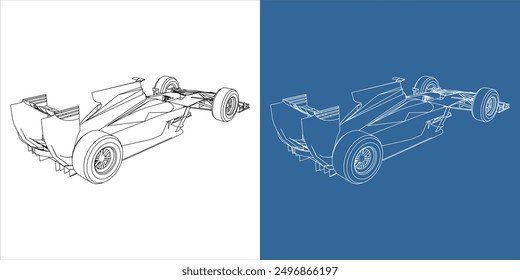 rear view of racing car line art draw blueprint wireframe . isolated on transparent background 