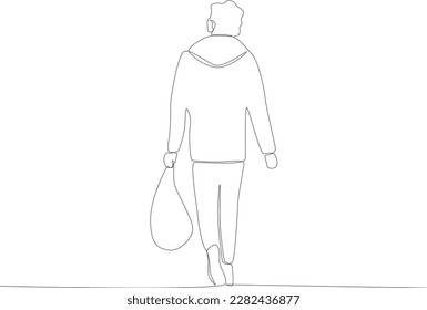 rear view of refugees carrying bags. Refugee one-line drawing