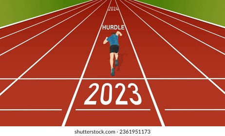 Rear view of a runner starting his sprint from "2023" through "HURDLE" to "2024" on running track.