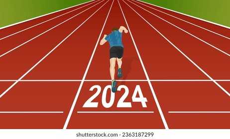 Rear view of a runner starting his sprint from "2024" on running track.