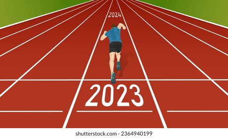 Rear view of a runner starting his sprint from "2023" to "2024" on running track.