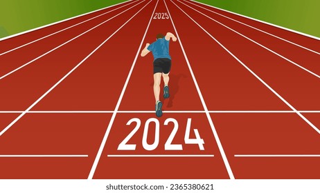 Rear view of a runner starting his sprint from "2024" to "2025" on running track.