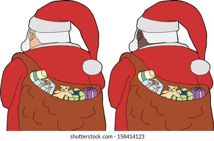 Rear view of Santa Claus with light and dark skin versions