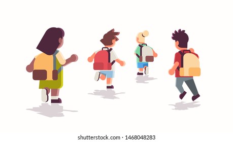 rear view school children group with backpacks running back to school education concept mix race male female pupils flat full length horizontal