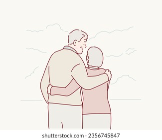 Vista trasera de la pareja de ancianos. Ilustraciones de diseño vectorial de estilo dibujado a mano.