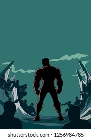 Rear view silhouette illustration of brave cartoon superhero standing alone in confrontation with the forces of evil as concept for courage and positive power.