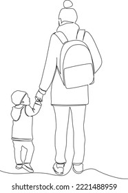 dibujo de una sola línea de visión trasera de la mano de la madre y del niño pequeño, ilustración de vector de arte de línea continua