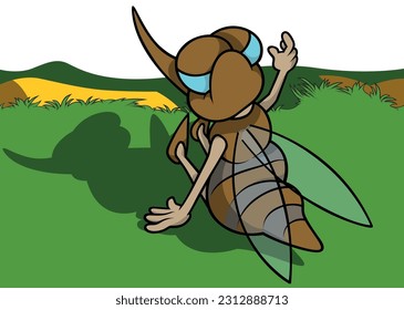 Rear View of a Sitting Brown Mosquito - Colored Cartoon Illustration with Background, Vector