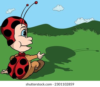 Rear View of a Sitting Ladybug Pointing her Finger - Colored Cartoon Illustration with Background, Vector