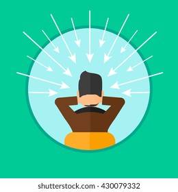 Rear view of a sitting man with some arrows poinded to his head. Vector flat design illustration in the circle isolated on background.