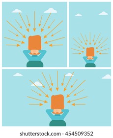 Rear view of a sitting man with some arrows poinded to his head. Vector flat design illustration. Square, horizontal, vertical layouts.