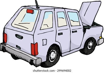 Rear view of sketched car with open hood