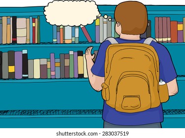 Rear view of student at library reaching for book