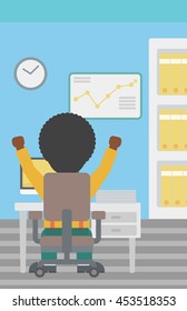 Rear view of successful businessman with raised hands sitting at workplace and a board with growing chart hanging on the wall. Vector flat design illustration. Vertical layout.
