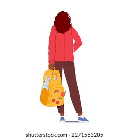 Rear View Of Teenage Girl Student Standing With A Backpack in Hand. Concept of Youth And Academic Pursuits, School Educational Resources Isolated On White Background. Cartoon Vector Illustration