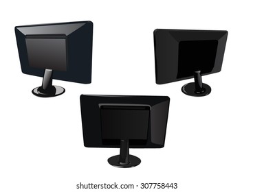 Rear View Of Three Black Monitors With Stand, Vector