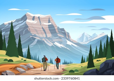 rear view of tourists hikers with backpacks travels along mountains and enjoying the view over beautiful nature landscape