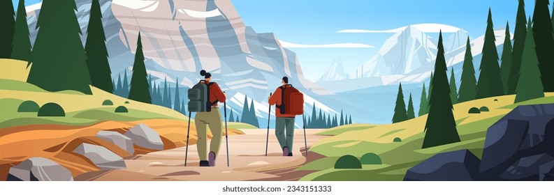 rear view of tourists hikers with backpacks travels along mountains and enjoying the view over beautiful nature landscape