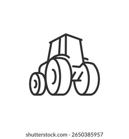 Rear view of turning tractor, linear icon. Agricultural vehicle, terrain movement, or equipment navigation. Line with editable stroke.