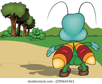 Rear View of a Turquoise Beetle with Open Arms and Colorful Wings - Colored Cartoon Illustration with Background, Vector