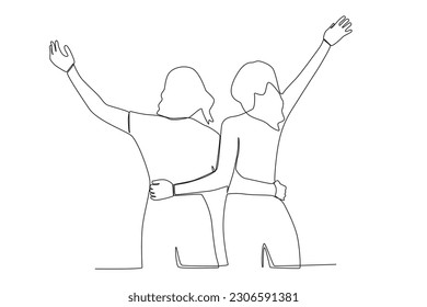 Rear view of two happy friends. Friendship Day one-line drawing