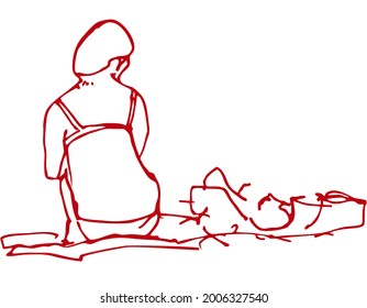 A rear view of a woman in a bikini swimsuit sitting on a rug with supplies