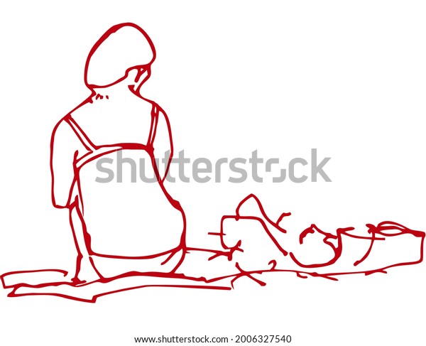 Вид сзади на женщину в купальнике бикини, сидящую на коврике с припасами. Векторная графика. Рисунок  линиями Андрея Бондаренко #iThyx