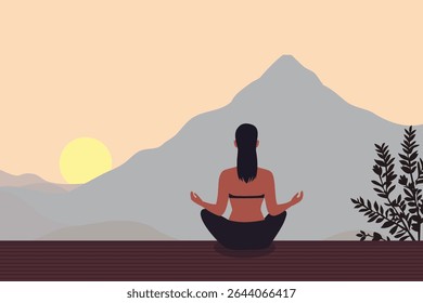 Rear view of a woman meditating in nature at sunset on a wellness retreat during a summer vacation. Deep and easy breathing with mindfulness of a person finding inner peace through yoga on a holiday 