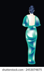 A rear view of a woman posing in a long backless dress is featured.