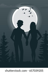 Rear view of young couple holding hands together looking at full moon and flock of swans outdoor